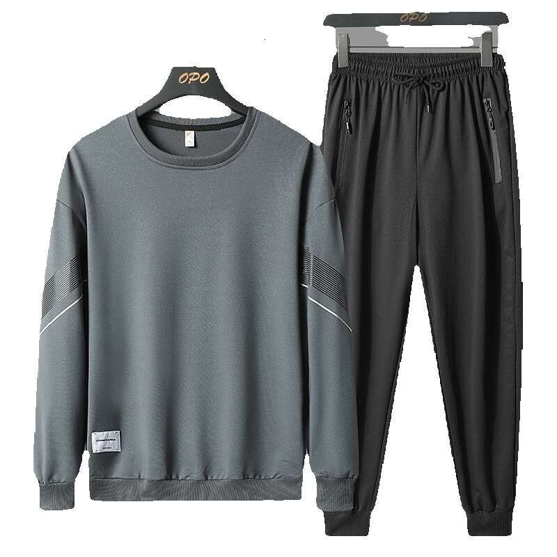 Mens Set Round Neck Hoodie Pants Spring 2024 New Mens Casual and Versatile Sportswear Two-piece Set Overalls Plaid Trousers Military Pants for Man