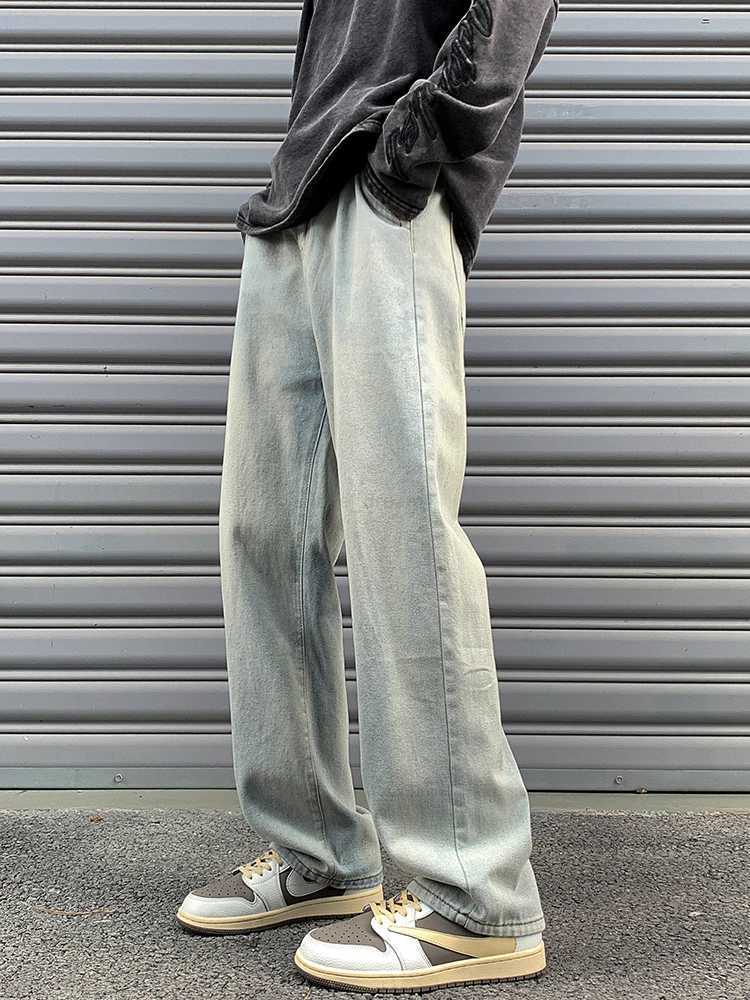 2025S Fashion Designer New High Street Mens Straight Jeans Korean Fashion Elastic Waist Retro Blue Casual Denim Pants Male Baggy Jean Trousers Z