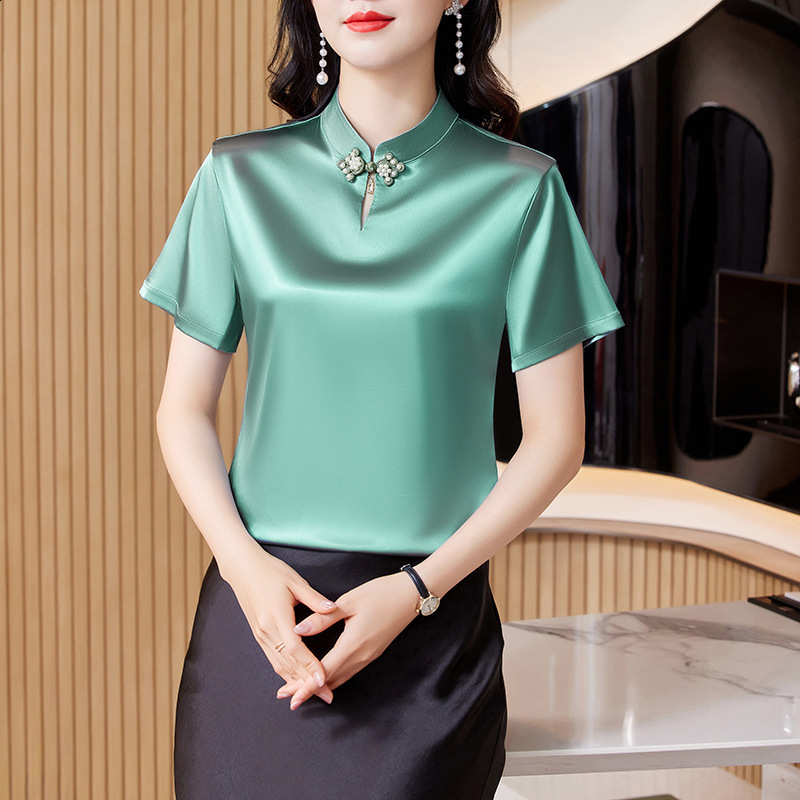 Korean Women Blouses Silk Shirts for Woman Solid Satin Tops Plus Size Elegant Beading OL 210604
