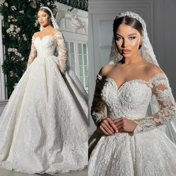 Gorgeous Full Lace A e Wedding Dresses 2025 Sheer Neck Long Sleeves Sweep Train Bridal Party Gowns Robe De Marriage