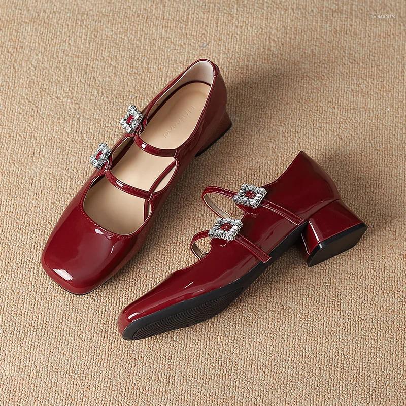 Dress Shoes Patent Leather Women High Heel Retro Thick Female Pumps Brand Buckle Strap Solid Classics