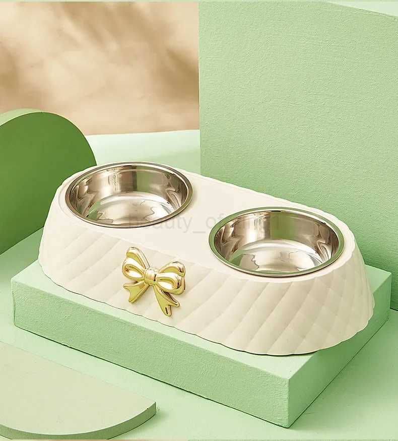 Cats and dogs special light luxury bow stainless steel double bowl convenient feeding and watering food bowl dog bowl zxx240726