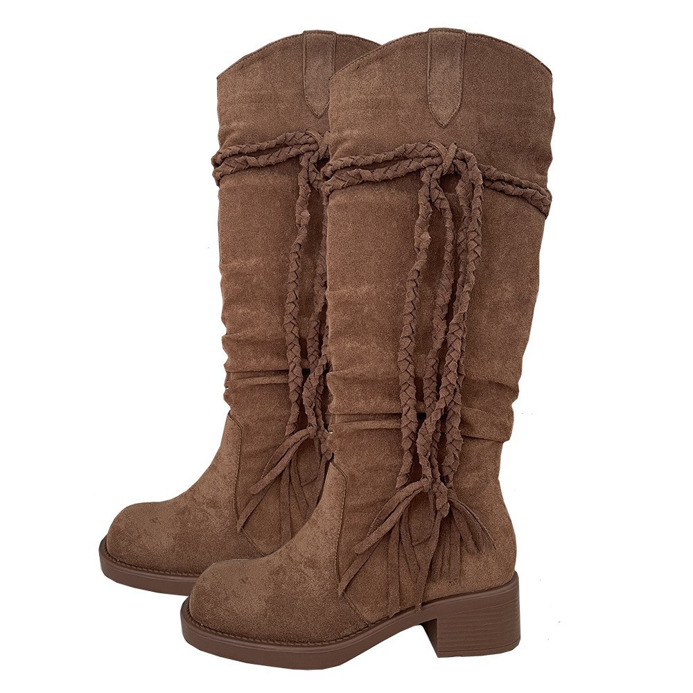 Ladies' autumn and winter brown fringed boots