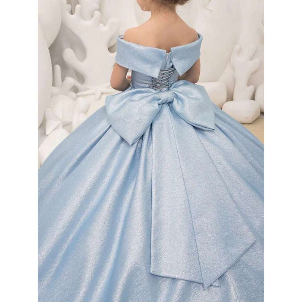 Off Shoulder Long wer Girl Dresses Elegant Bow Princess Satin Ball Gown for Kids Birthday Party First Communion Dress