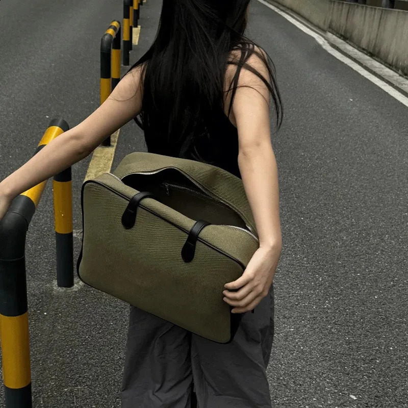 Boston Bags FIRMRANCH Minimalist Square Large Capacity Boston Bag Army Green Canvas Cowhide Womens Single Shoulder Underarm Purse 240726