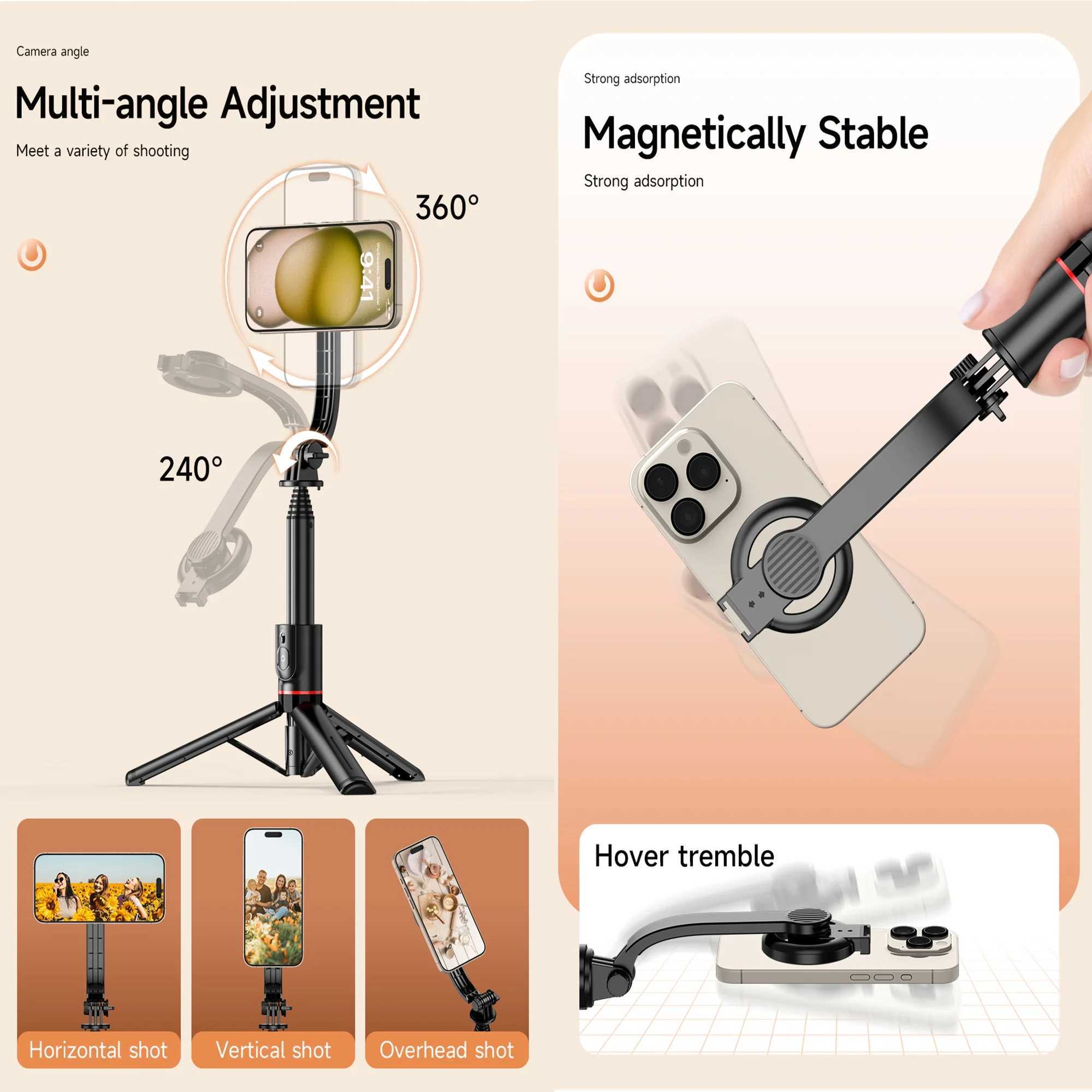 1045mm Magnetic Selfie Stick Tripod with Light Wireless Selfie Stick Tripod with Remote Detachable Phone Holder for SmartphoneM240719