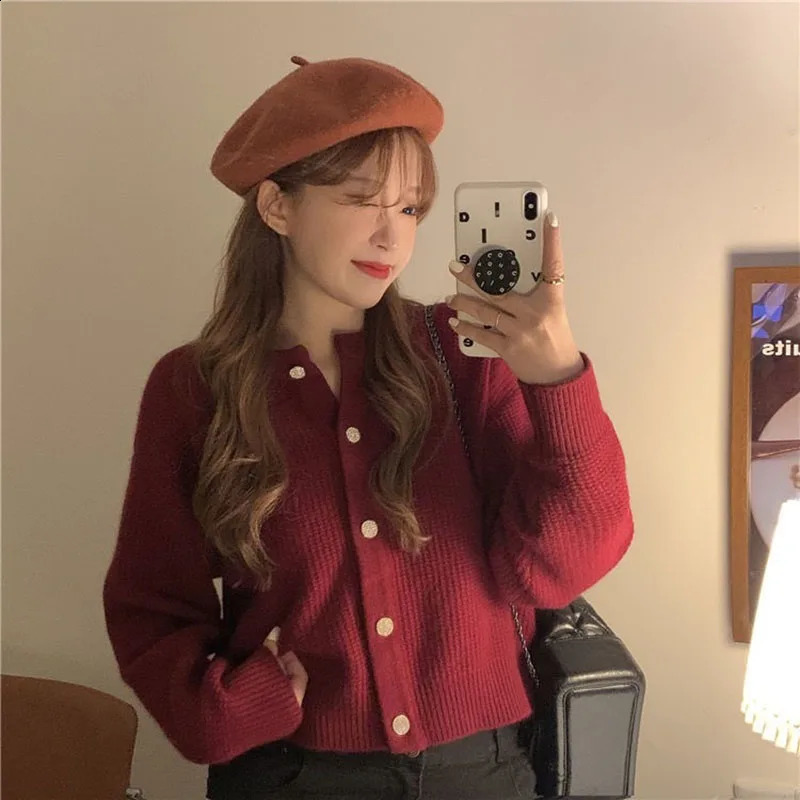 Zoki Korean Sweet Cardigan Women Long Sleeve Fashion Elegant Knitted Tops Casual O Neck Single Breasted Female Casual Cardigan 240819