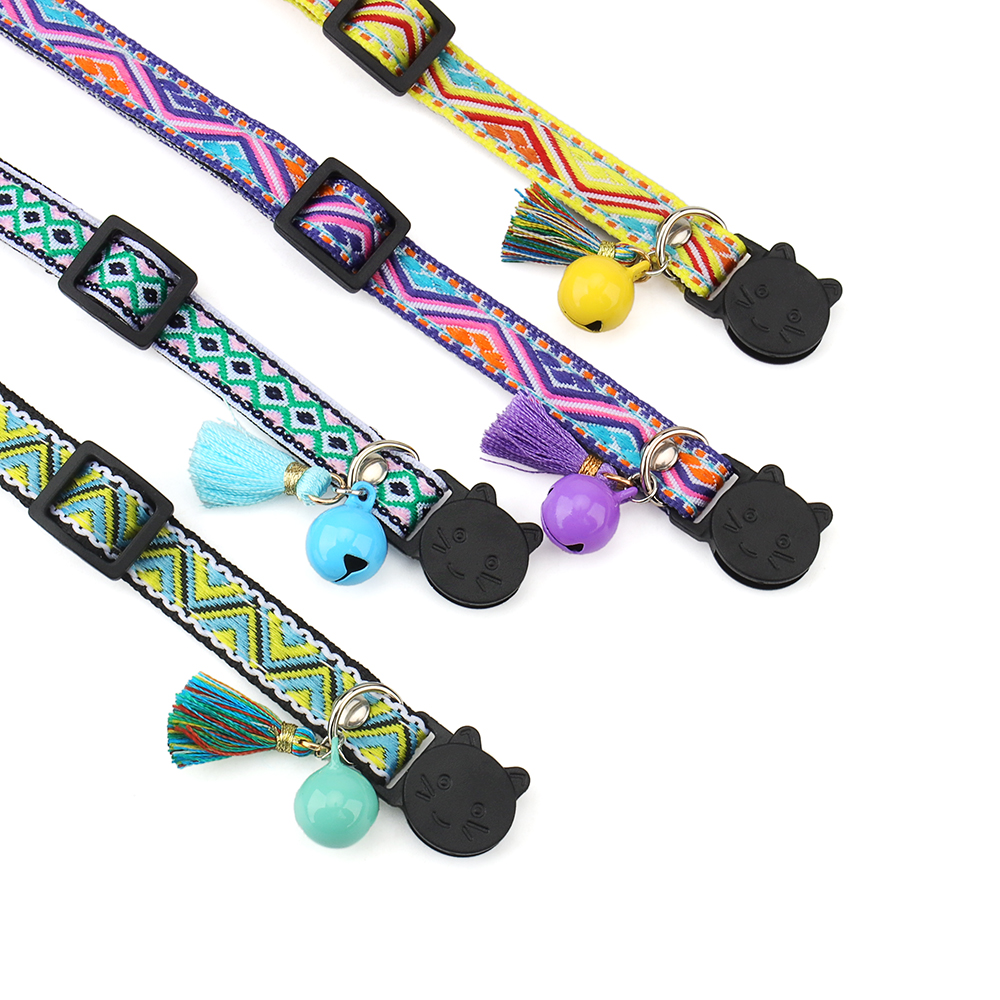 Adjustable Cat Collar Polyester Jacquard Pattern Pet Collar with Bell and Tassel Decoration for Cats and Small Dogs To Keep Lost