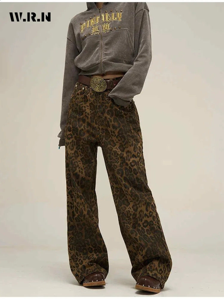 Womens American Vintage Leopard Print Washed Thin Jeans Street Casual Neutral Style DenimTrousers High Waist Straight Pants y240924