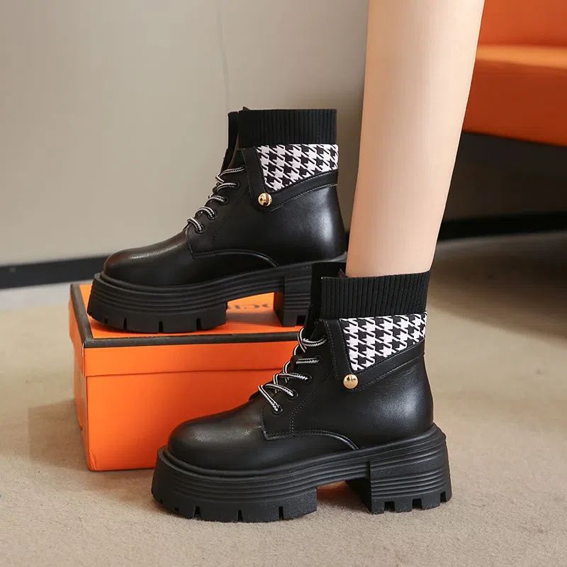Ladies' British style lace up round toe thick heeled short boots