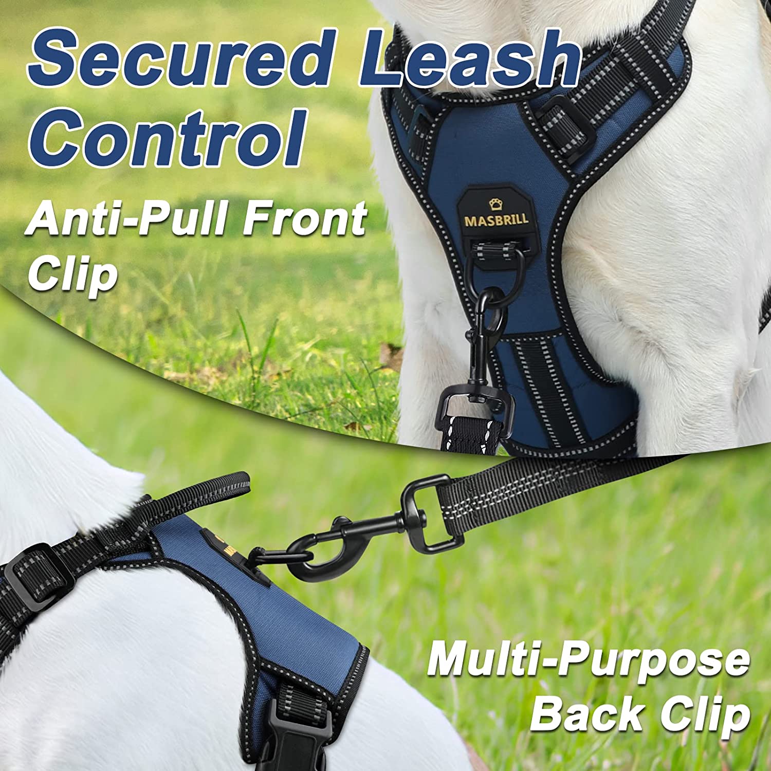 MASBRILL Dog Harness No Pull Nylon Adjustable Reflective Dog Vest Harness 2 Metal Leash Hooks Easy Control Handle Walking