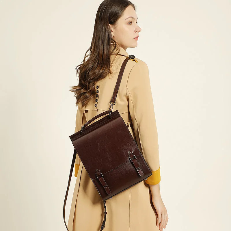 Womens retro leather backpack college style student backpack multifunctional leisure travel school bag womens handbag 240827