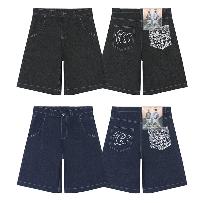 2024 Summer Retro Shorts Hip-Hop Jeans Y2K Pocket Letter Print Jeans Mens Trendy Personalized Shorts Summer Knee-length Pants 240716