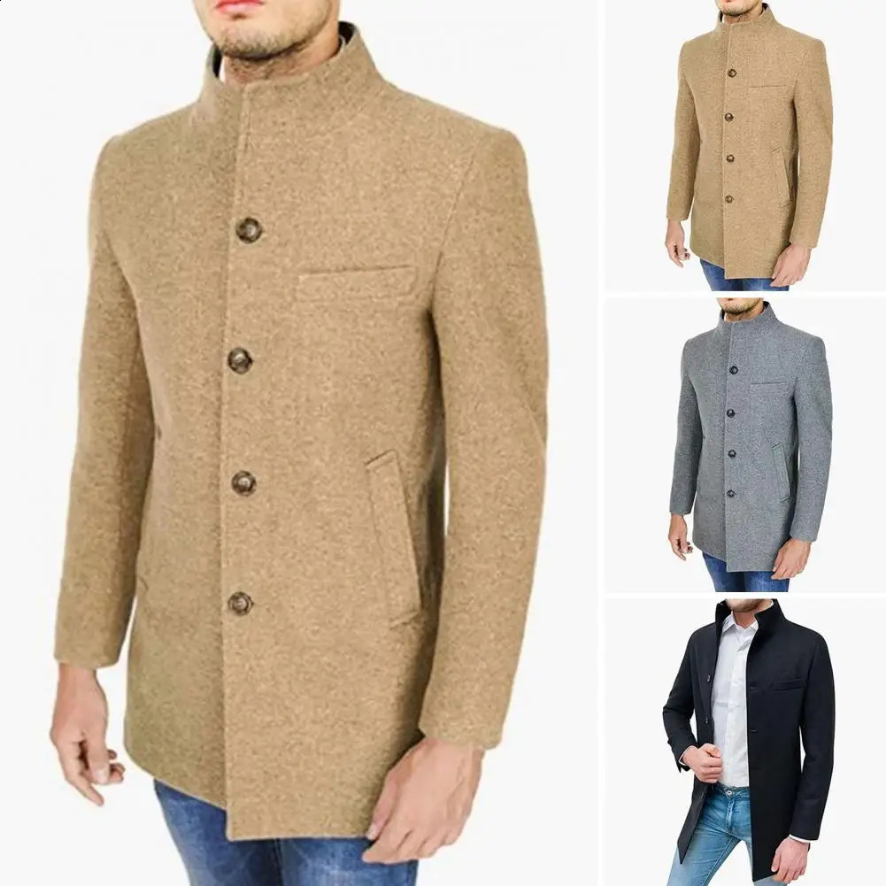 Men Stand Collar Long Sleeve Woolen Coat Single Breasted Pockets Mid-length Windbreaker Outwear Korean Style Spring Trench Coat 240826