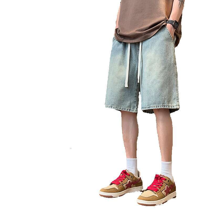 Boys' American Straight Leg Shorts Mens Summer Trendy Brand Pants 2024 New Loose Casual Denim Five Quarter Pants Bound Feet Jeans for Pregnant Wo