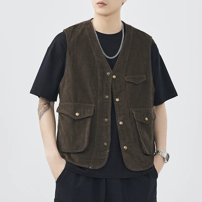 100% Cotton Corduroy American Workwear Vest Mens Mountain Outdoor Summer Autumn Vest Coat 24ss Y2k Youth Male Vintage Cityboy 240717