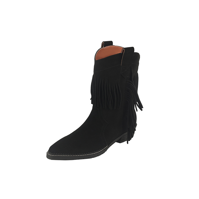 Ladies' pointed toe thick heel tassel design short boots