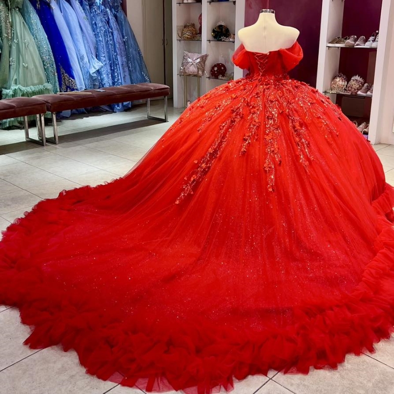 Red Quinceanera Dresses Off The Shoulder Sweet 16 Ball Gown Beading Appliques Lace Tiered Tull Corset Formal Vestidos De 15 Anos