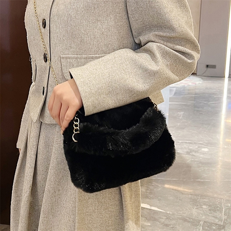Women Faux Fur Top Handlebag Casual Fuzzy Crossbody Bag Soft Cute Sling Chain Plush Square Pouch Furry Purse Fluffy Bolsa 240725ZYl
