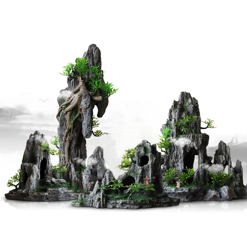 Rockery Mountain Resin Aquarium Landscape View Decoration Hill Hanging Bridge View Ornament Resin Fish Tank Decoration Large