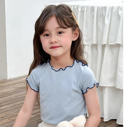 2024 Summer T-shirt Girl Baby Korean Short Sleeved T-shirt Sweet Lace Solid Color T-shirt Girl Sweet Gentle Clothes 240712bj