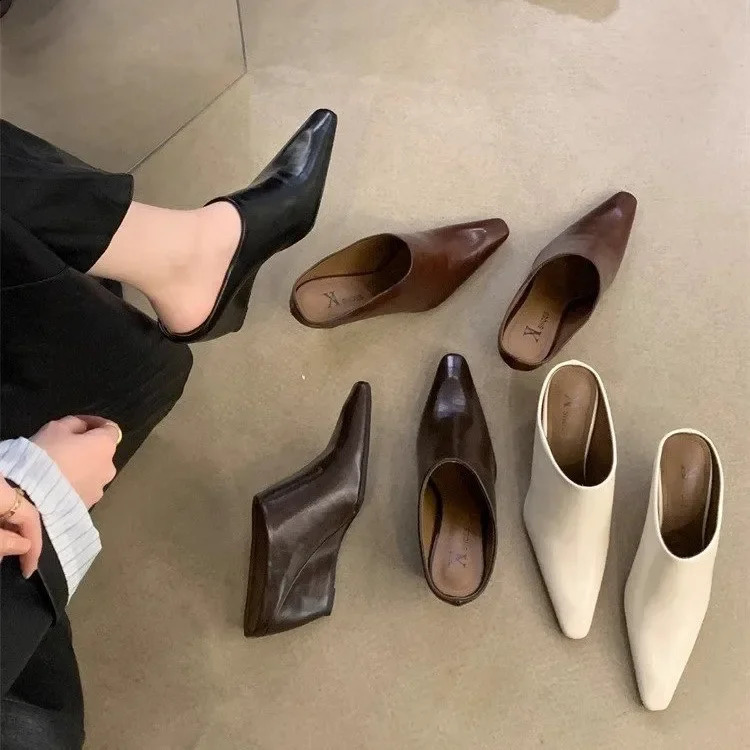 European American Baotou Half Womens Soft Leather Slope Heel High Cool Fashion Outwear Thick Lazy Muller Shoes 240723