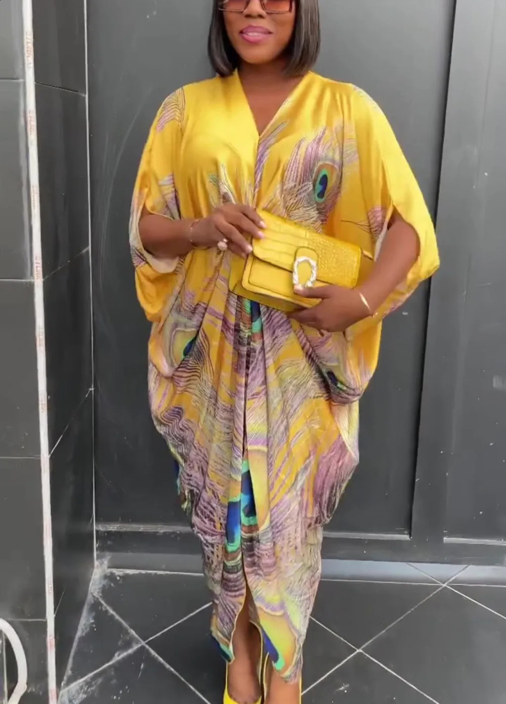 Summer African Printed Maxi Dress Women Causal V Neck Flare Ruffle Sleeve Loose Fit Ruched Front Slit Party Club Long Dress 240715