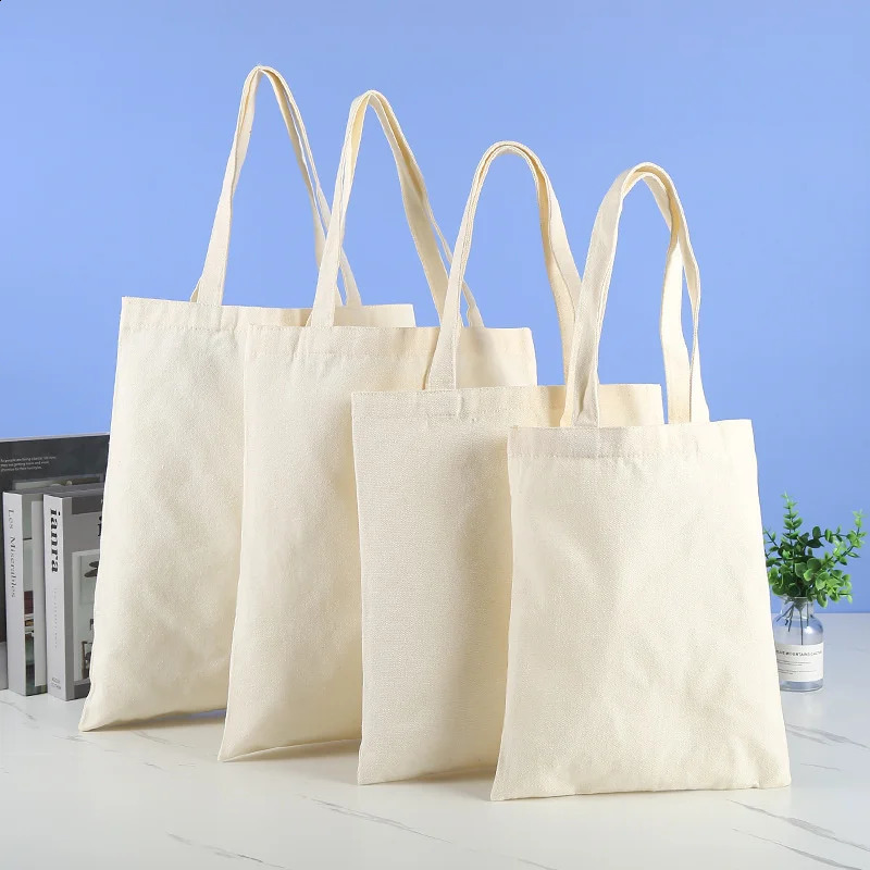 Large Capacity Canvas Shopping Bags Folding EcoFriendly Cotton Tote Reusable DIY Shoulder Bag Grocery Handbag Beige White y240925