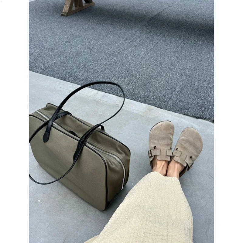 Boston Bags FIRMRANCH Minimalist Square Large Capacity Boston Bag Army Green Canvas Cowhide Womens Single Shoulder Underarm Purse 240726