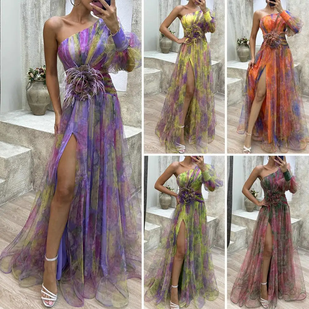 Formal Evening Dress Elegant One Shoulder Tie Dye Ball Dress Mesh Bubble Sleeves Split Hem Womens Evening Dress 240712