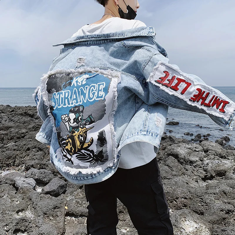 Fashion Patchwork Denim Jacket for Men Vintage Distressed Holes Hip Hop Jean Jackets Coat Harajuku Streetwear Outerwear 240726
