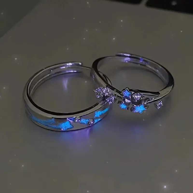 Blue green luminous star shaped ring fluorescent luminous heart-shaped ring female couple adjustable finger ring jewelry gift W240802