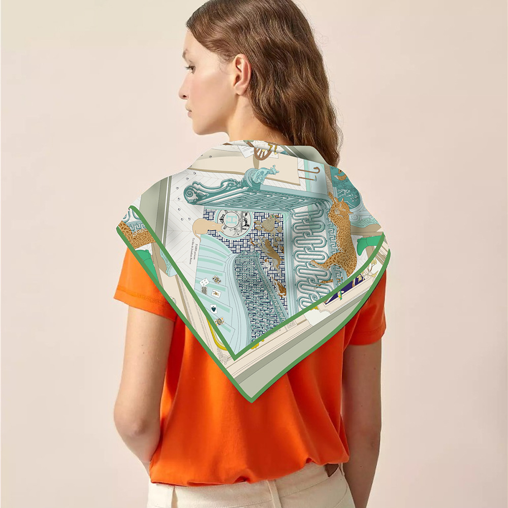Women Square Hair Twill Scarf 90CM Head Neck Scarves Shawls Accurate Hem Bandanas Tops Accessories Summer Spring Female Foulard Mystere au-24