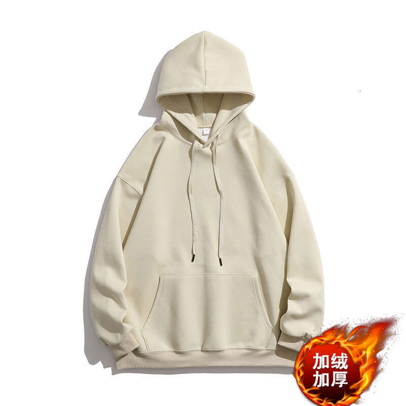 2024 pure cotton hooded sweatshirt in autumn and winter with added velvet trend, versatile clothes, loose casual jacket for men