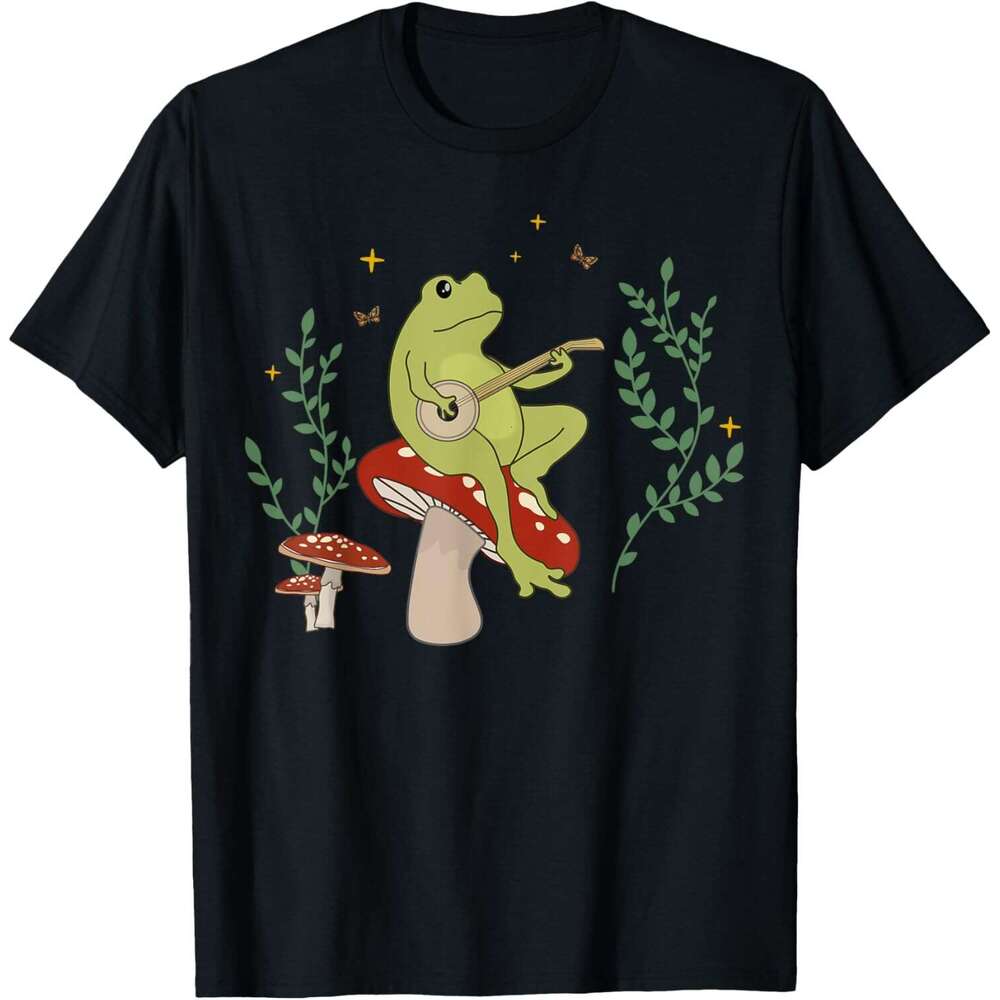 Summer shirts t shirt Cute Frog Playing Banjo on Mushroom T-Shirt Free shipping