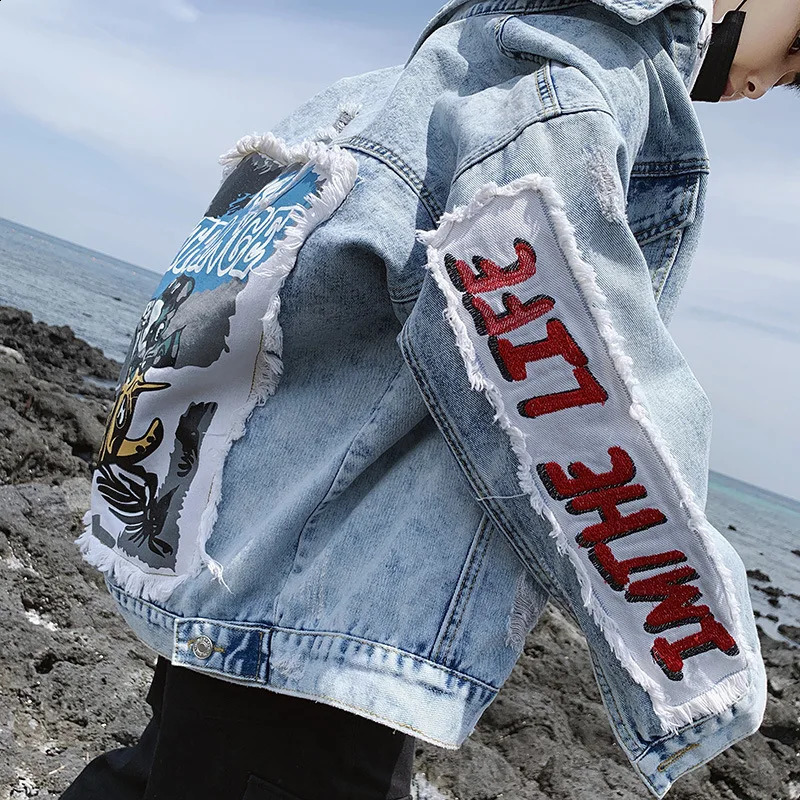 Fashion Patchwork Denim Jacket for Men Vintage Distressed Holes Hip Hop Jean Jackets Coat Harajuku Streetwear Outerwear 240726