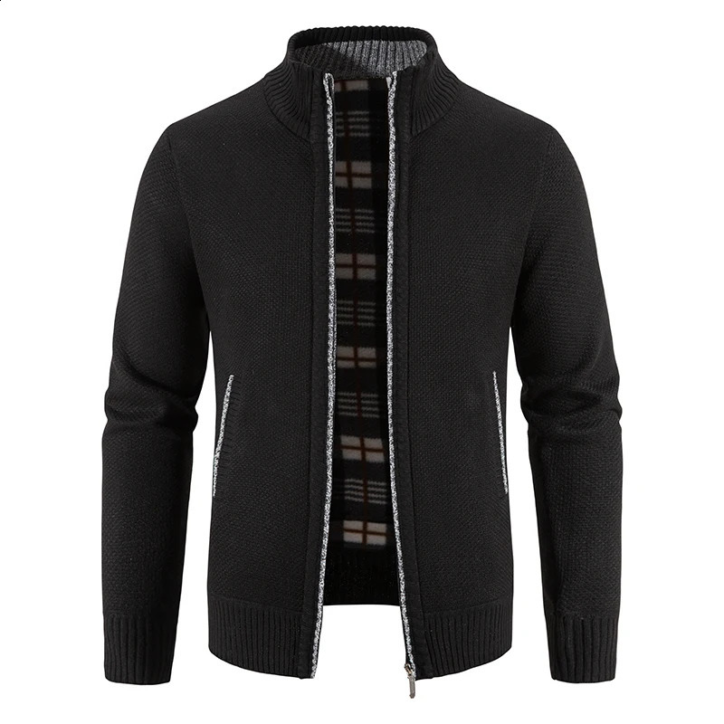 Mens Cardigan Solid Color Fleece Cardigan Zipper Knitted Jacket Sweater Winter Fleece Warm Skirt 240813 - view 3