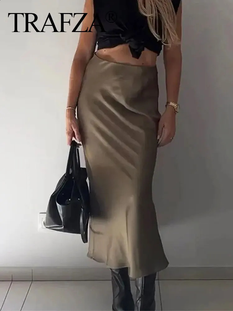TRAFZA Women Elegant Solid Satin Long Skirt Chic Y2K High Waist Slim Skirts Female Fashion Silk Texture Ladies Tight Midi 240725