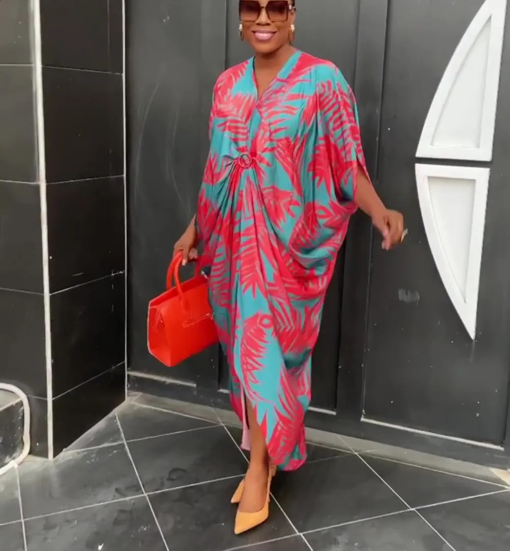 Summer African Printed Maxi Dress Women Causal V Neck Flare Ruffle Sleeve Loose Fit Ruched Front Slit Party Club Long Dress 240715