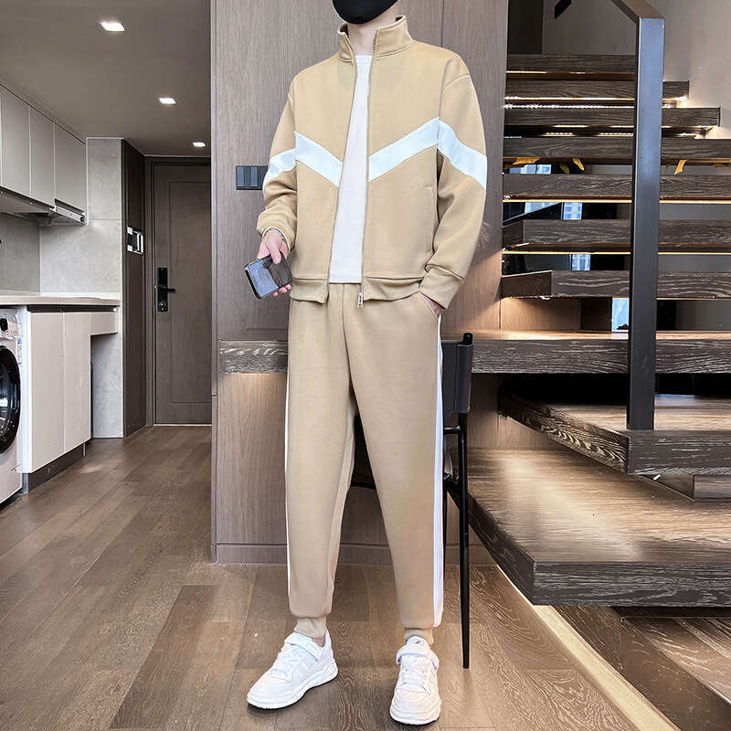 2024 Spring New Casual Mens Contrast Splicing Stand Up Collar Two Piece Set Sports Youth Korean Edition Loose Nine Points Hip-hop Style Men Pants Cott