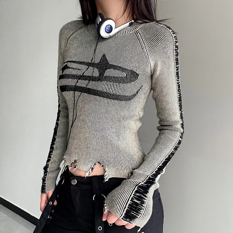CIBBAR Vintage Ripped Stitched Sweater Pullovers Harajuku Print Full Sleeve Jumpers for Women Autumn Winter Knitwears Streetwear 240726
