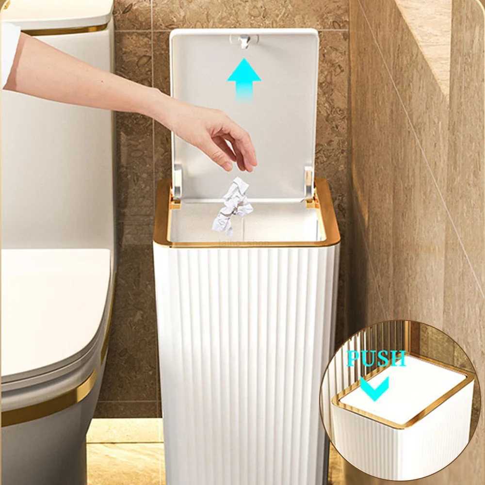 15L Nordic Gold Bathroom Trash Can Covered Slim Trash Can with One-Touch Lid for Bathroom Toilet Living Room Kitchen BedroomB240726