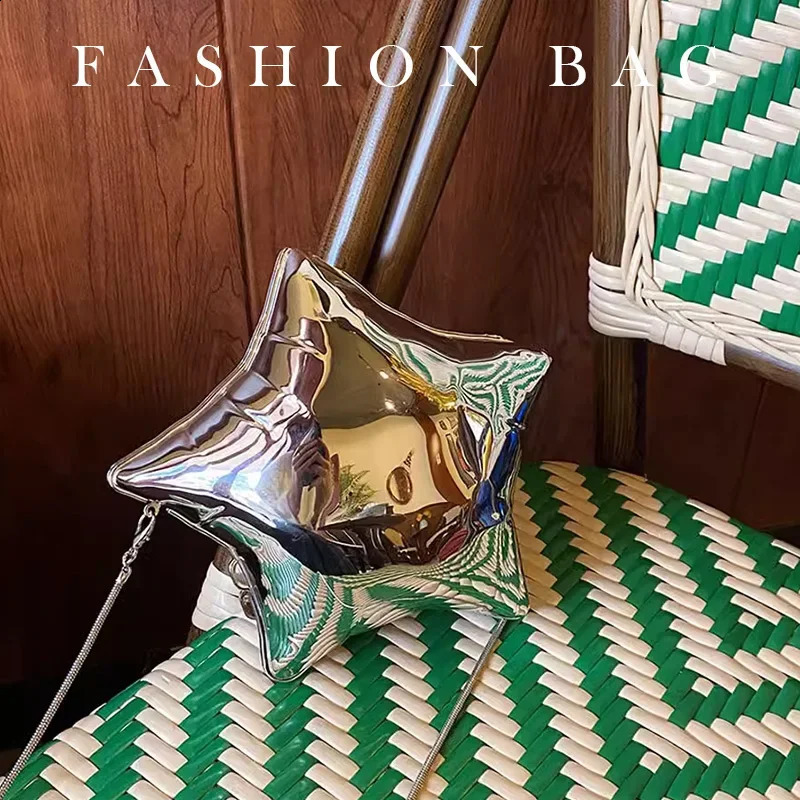 Nice n Gold And Silver Chain Womens Evening Bags 2024 Bright Face Five Pointed Star Shoulder bag Funny Party Bag 240826Z