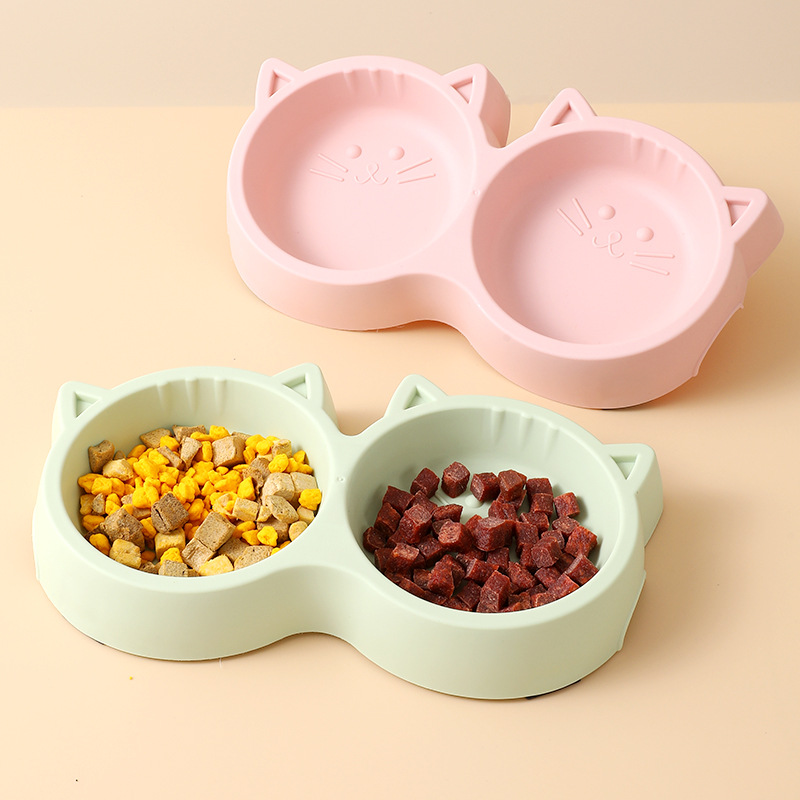 Pet Supplies Pet Cat Double Bowl Material Cartoon Cat Face Shape Food Water Feeding Bowl Non-slip Puppy Cat Feeder Accessories