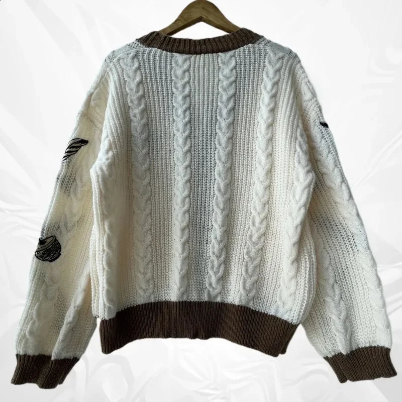 Autumn Sweaters Women High Quality Loose Fitting Embroidered Knitted Cardigan Winter Y2k Regulai Fit Beige Cardigans Female 240819