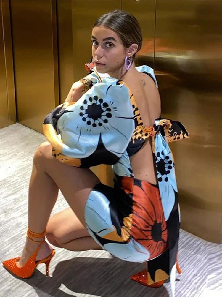 2024 Elegant Backless Floral Mini Dress Summer Women Long Lantern Sleeve Beach Dresses Female Chic O-Neck Hollow Party Vestidos 240726