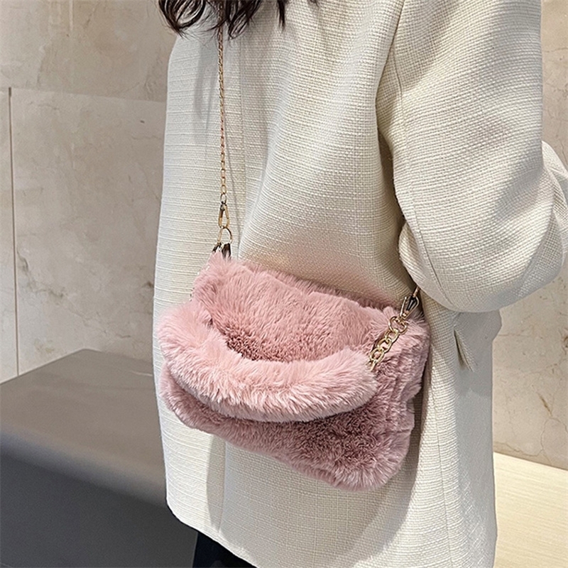 Women Faux Fur Top Handlebag Casual Fuzzy Crossbody Bag Soft Cute Sling Chain Plush Square Pouch Furry Purse Fluffy Bolsa 240725ZYl