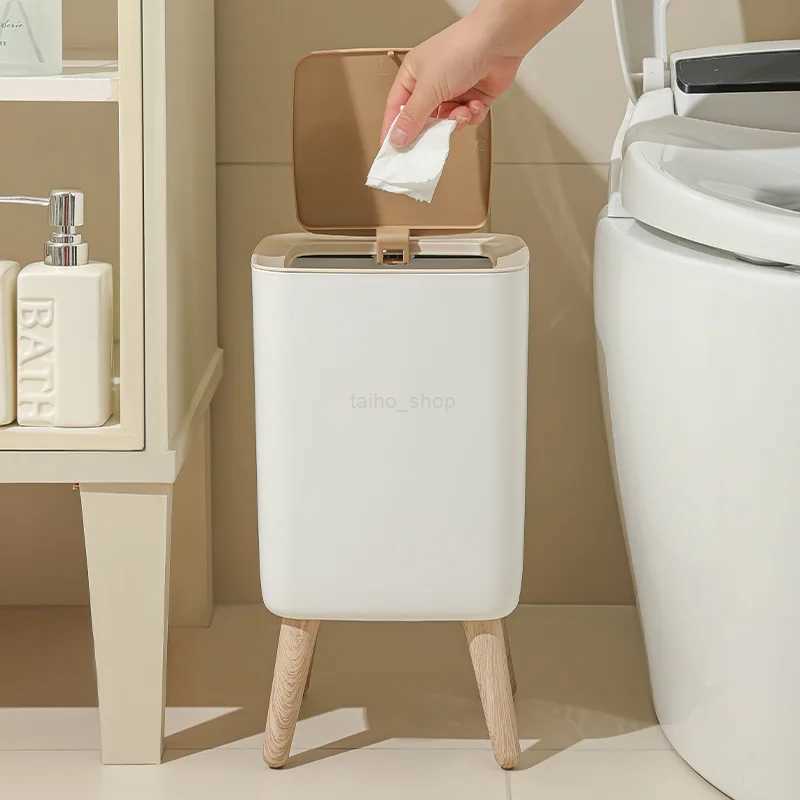 Trash can household log wind high foot with cover living room Kitchen bedroom Modern simple wood creative wastebasketB240726