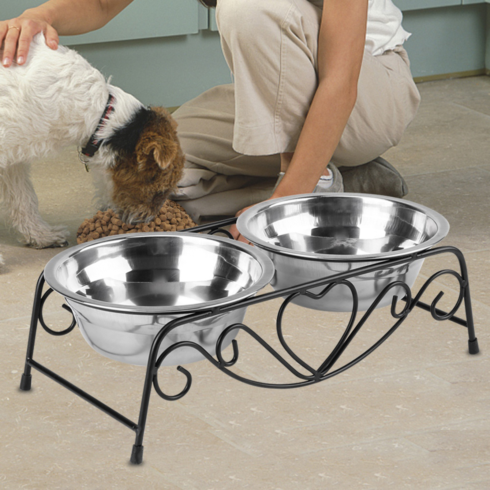Cat Dog Feeding Supplies Double Pet Bowls Dog Food Water Feeder Stainless Steel Pet Drinking Dish Feeder with Shelf Stand
