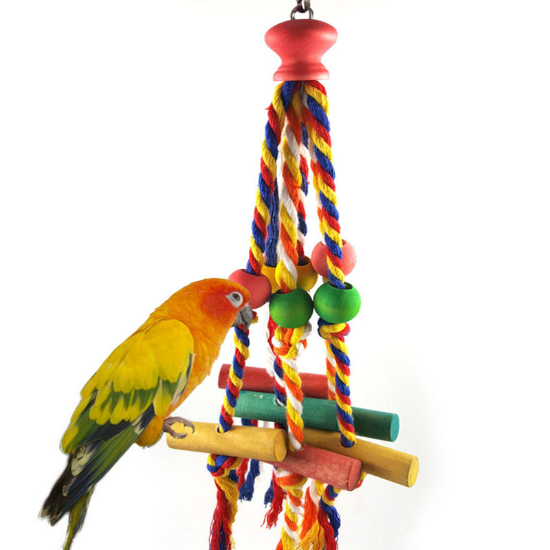 Parrot Bird Chewing Toys Colorful Cotton Rope Wooden Beads Hanging Swing Toy Bite Resistant Cockatiels Training Toy Bird Supplie